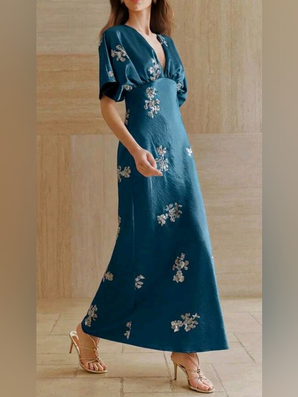 New Flowy Sequin Satin Maxi Dress Dolman Sleeve High Waist Blue Silver